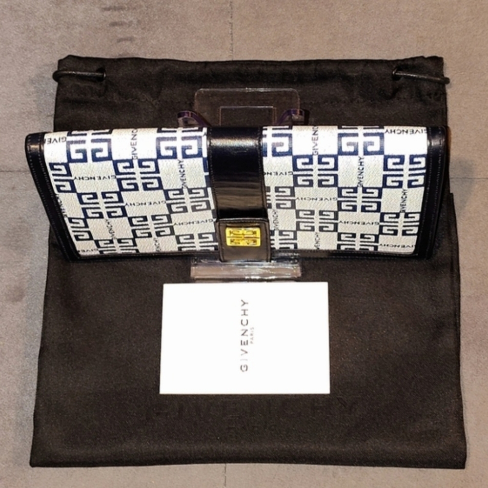 NWOT VINTAGE GIVENCHY NAVY BLUE MONOGRAM BI-FOLD SNAP LONG WALLET WITH DUSTBAG - Picture 9 of 14